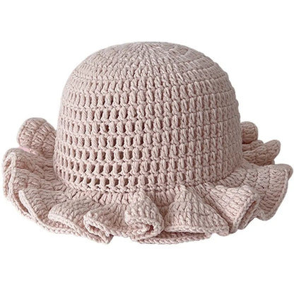 Handmade Crochet Knitted Hats Women Girl Crochet Scallop Ruffle Edge Knit Bucket Caps Adult Trendy Rainbow Striped Beach Sun Hat