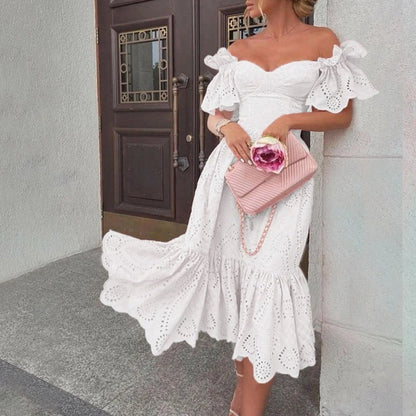 Sexy Off Shoulder Ruffled Dress Solid Hollow Out Dress Casual Slim Fit Party Dress Women Elegant Summer Dresses 2024 Vestidos