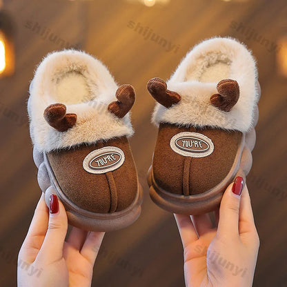 Children's Slippers Winter New Cartoon Warm Anti Slip Boys Girls Indoor Comfortable Platform Reindeer Baby Plush Cotton Shoes