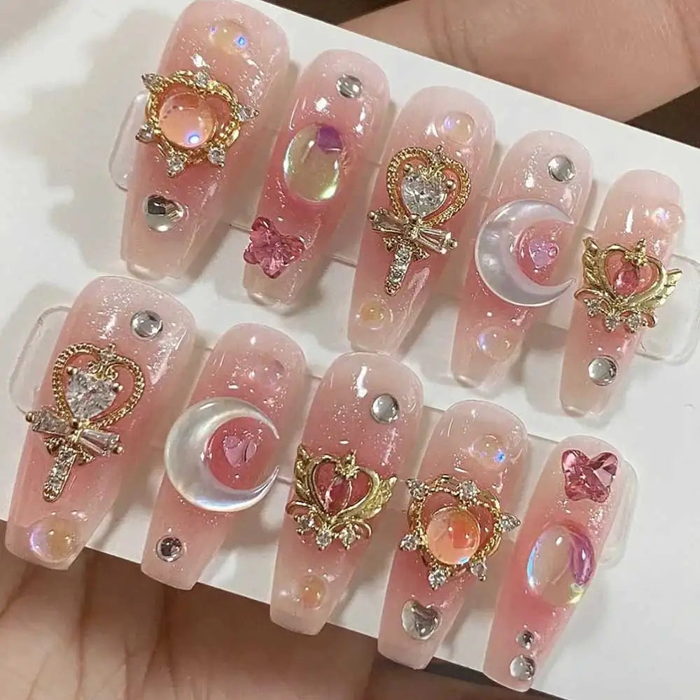 24pcs/box Luxury Pink Long Coffin Fake Nails Y2K Moon Star Rhinestones Press On Nails Handmade Full Cover Reusable False Nails