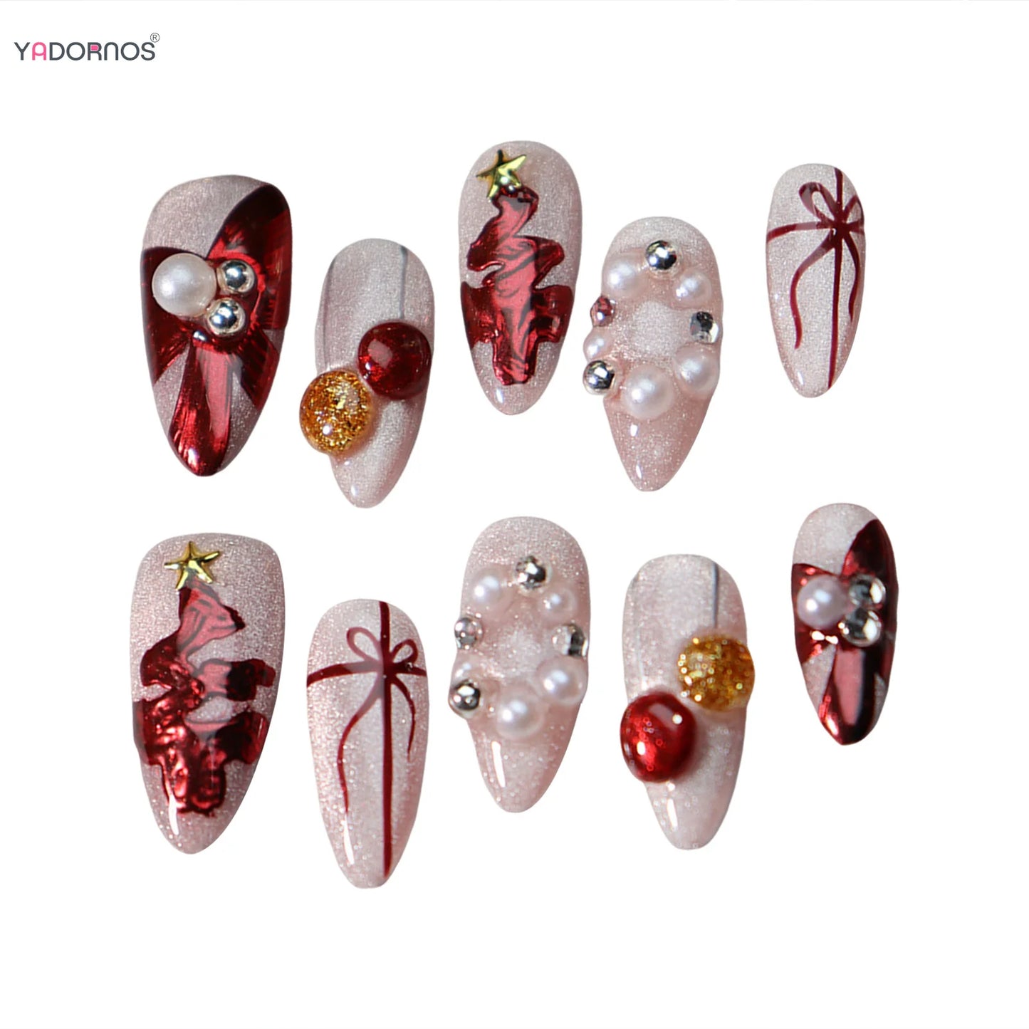 10pcs Handmade Christmas Press On Nails Glitter Orange Pink Fake Nail