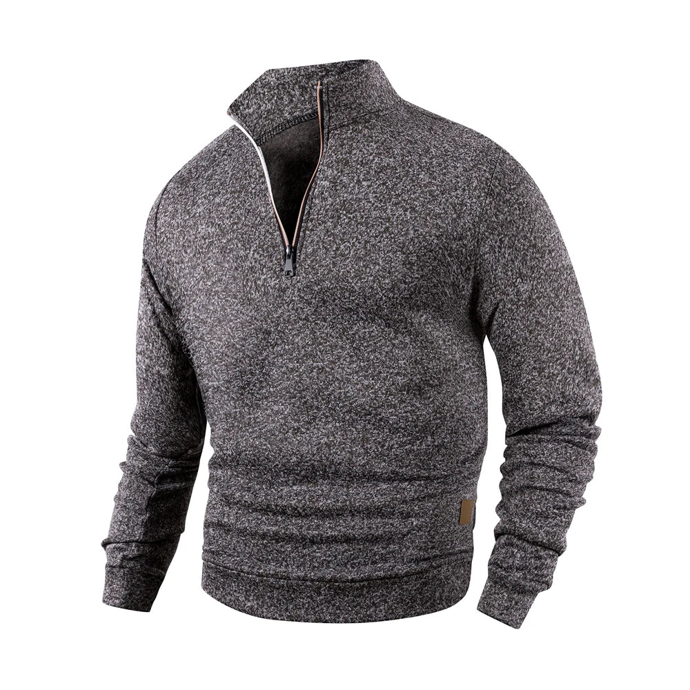 Men's Half Zipper Sweatshirt Fleece Turtleneck Pullover with Leather Label Fashion Sweaters Men Outdoor Stand Collar Long Sleeve