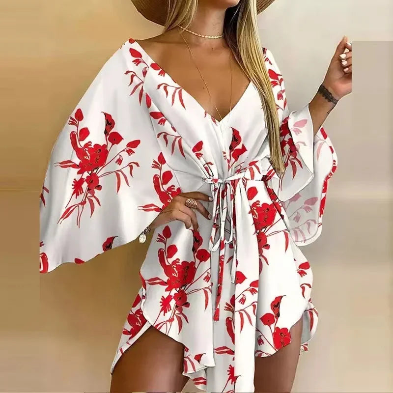 New Summer Beach Elegant Women Dresses Sexy V Neck Lace-up Floral Print Mini