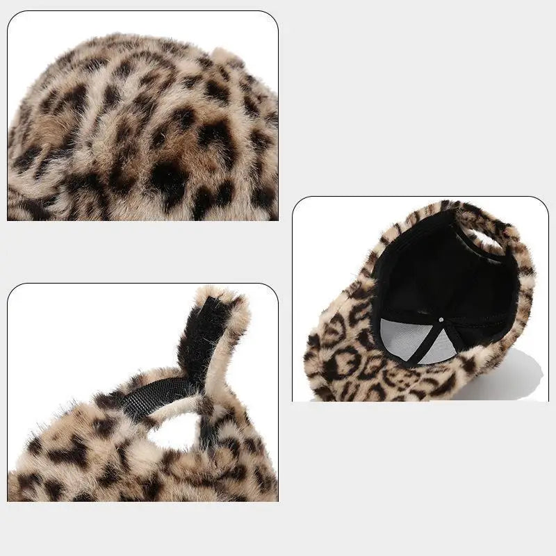 Leopard Print Baseball Cap Women Plush Faux Fur Keep Warm Winter Women's Cap Outdoor Vintage Snapback Hats For Women