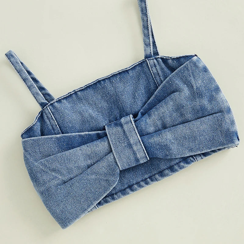 6M-5T Kids Girls 2Pcs Denim Clothes Set Sleeveless Crops Bow Tops Shorts