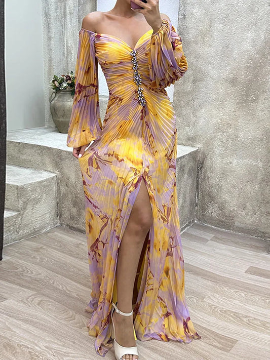 2024 V-Neck Sexy Split Maxi Dress, Spring Autumn Loungewear Fashion Party Dress, Long Sleeve Folds Printing Ladies Holiday Dress