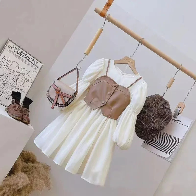 Spring Autumn Baby Suits Girl Vest + Long Sleeve Dresses 2piece Kids Cute Princess Dress Children Chiffon
