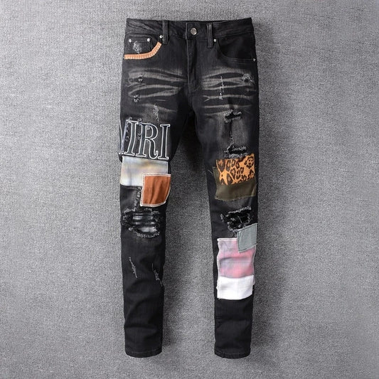 High Street New Hip Hop Jeans Men Fashion Brand Black Blue Patch Embroidery Stretch Slim Fit Jeans Mens Summer Jeans Mens Jeans