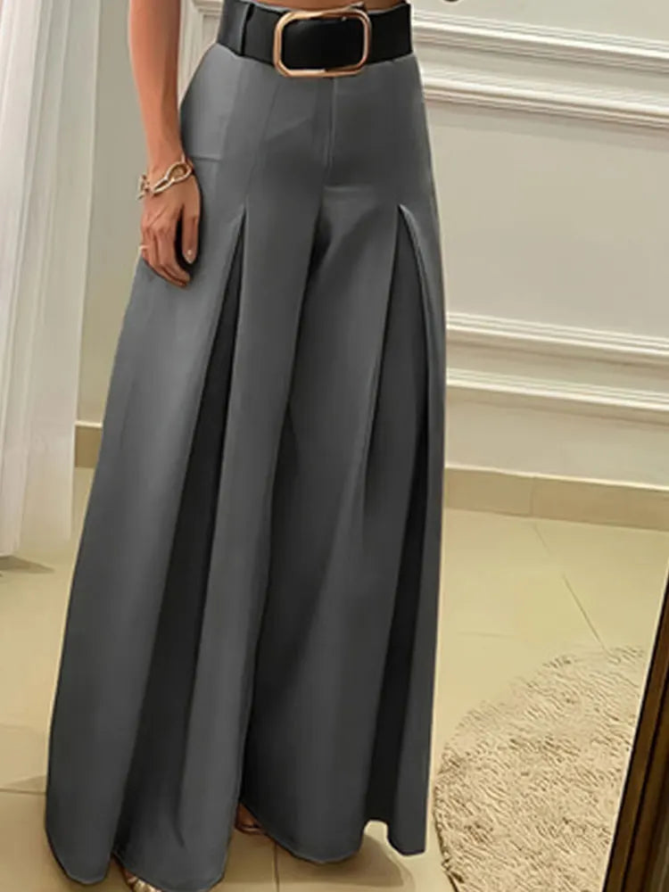 Plus Size Solid Wide Leg Pants, Casual Pleated High Waist Pants, Women's Plus Size Clothing