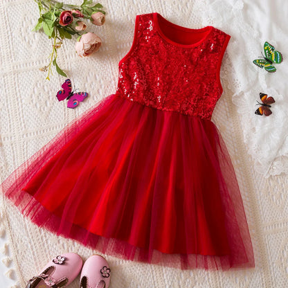 Baby Girls' Red Children's Sequin Sleeveless Mesh Princess Dress Causal Clothing for 2-6Y