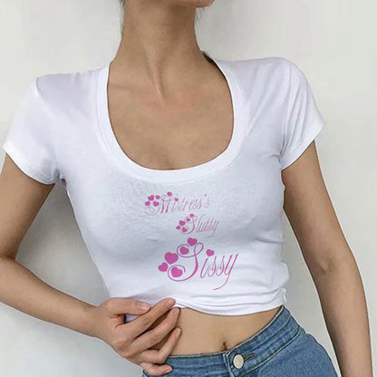 Mistress's Sissy Women Harajuku V-Neck TShirt BDSM Girl Graphic Tee Female Y2K Streetwear Summer Crop Tops T Shirt Fuuny Clothes