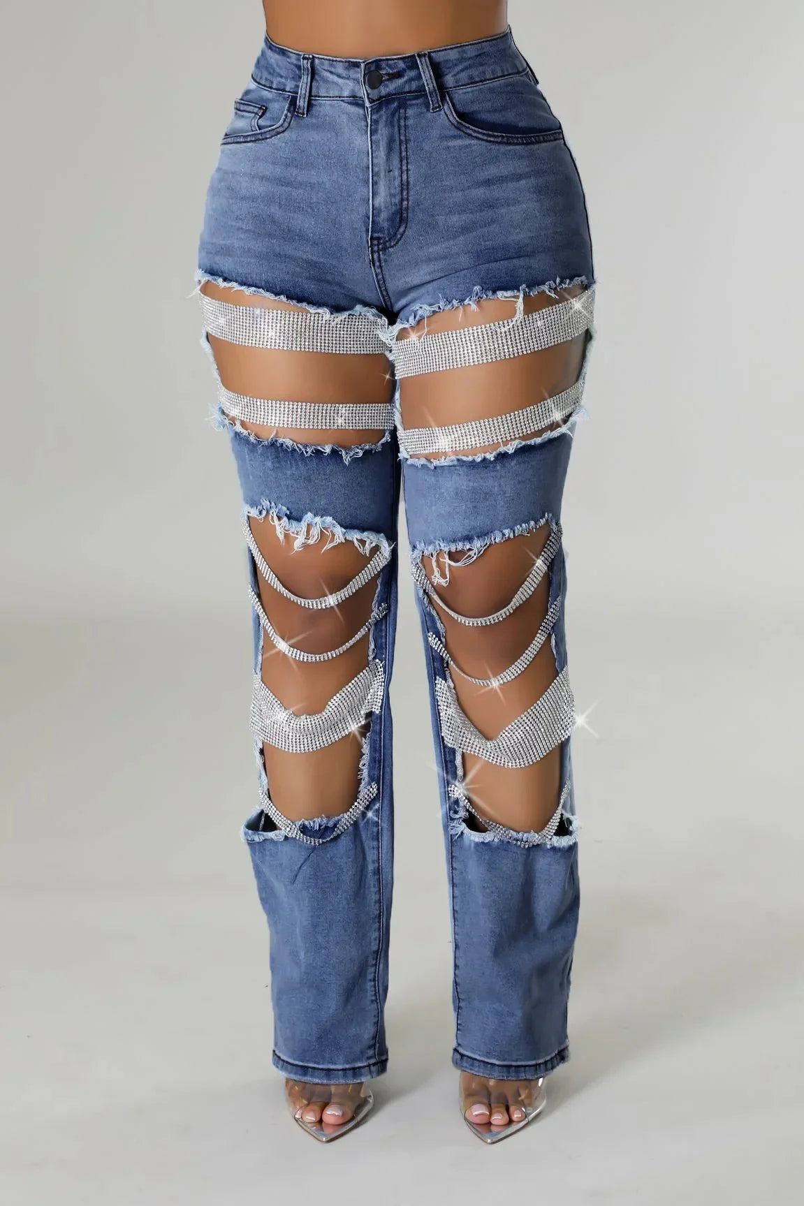 Women Fashion Pearl Beading Ripped Hollow Out Tassel Wide Leg Jeans 2025 New Summer