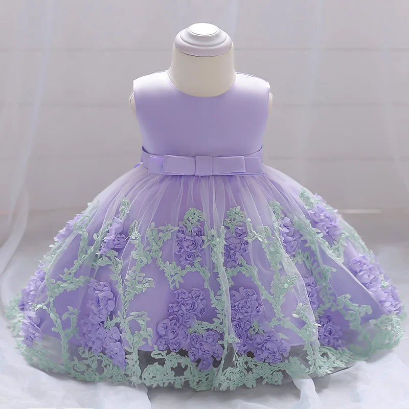 Baby Girl Dress Baptism Princess Dress New Bow Flower Lace Sleeveless Mesh Tutu Birthday Party Dress Baby Girl Wedding Dress