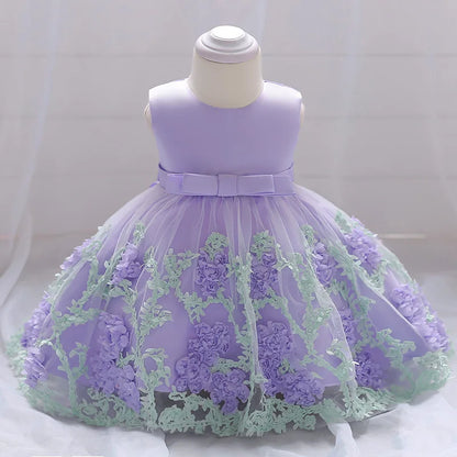 Baby Girl Dress Baptism Princess Dress New Bow Flower Lace Sleeveless Mesh Tutu Birthday Party Dress Baby Girl Wedding Dress