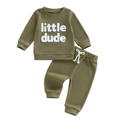 Toddler Boy Girl Waffle Outfit Letter Embroidery Long Sleeve Sweatshirt with Elastic Waist Solid Pants Set