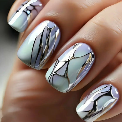 24Pcs Sweet Cool Press on Nails Short Square False Nail Gradient Glitter Line Fake Nails Full Cover Glossy Acrylic Manicure Nail