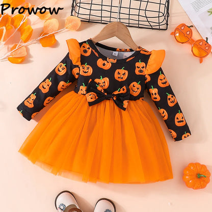 Prowow Baby Girl Halloween Dresses Long Sleeve Orange Pumpkin Dress For Girls Toddler Halloween Costume Festival Party Dress