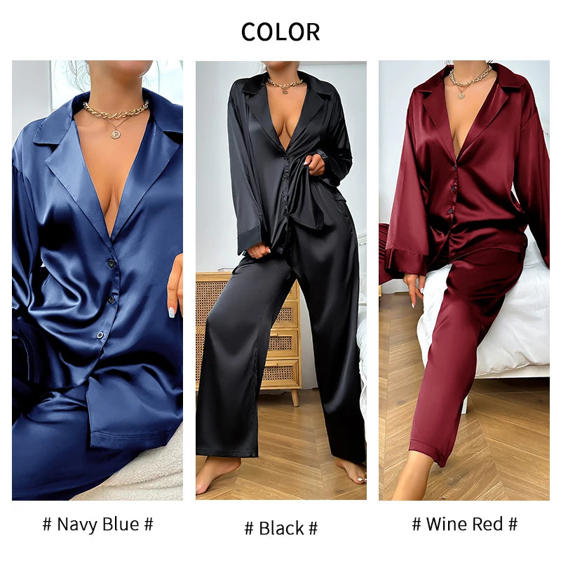 Women's Home Clothes Satin Silk Sleepwear Low Cut Sexy Pajamas For Femme Single-Breasted Long Sleeves Wide Leg Pants Trouser Set