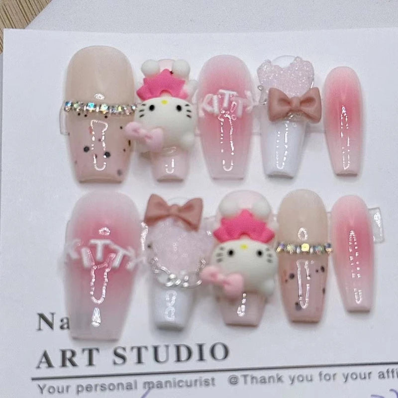 10Pcs Handmade Press on Nails Pink Hellokitty Charm Love Bow Decorated Fake Nail Patch Finished Fingernails Tips Manicure Art