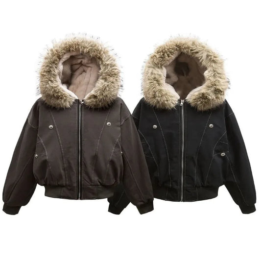 Y2K New American Cleanfit Fur Collar Imitation Mink Fur Hooded Cotton-padded Jacket Men Gothic Retro Hip-hop Short Tooling Coat