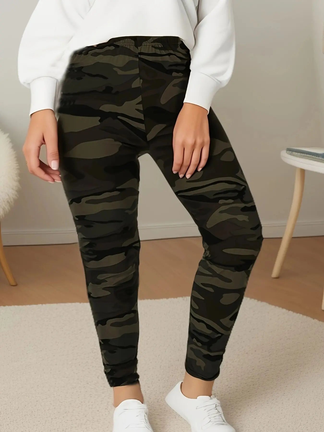 CUHAKCI Women's Plus Size Super Elastic Leggings Military Green Camouflage Soft Sports Outerwear Tight Cropped Pants