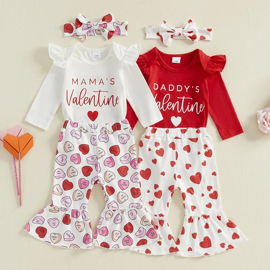 Baby Girl Valentines Day Outfit Letter Print Romper Love Heart Flare Pants Headband First Valentines Day Outfit