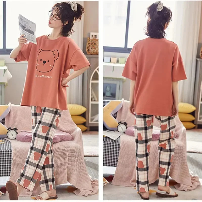 Women’s Pajamas Set Korean Version of the Autumn and Winter Cartoon Bear Christmas Sleepwear Long Sleeve Trousers 2 Piece Set