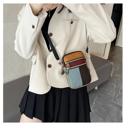 New Fashion Soft Leather Women Shoulder Bag Multi Zipper Soft Cowhide Girls Small Mobile Phone Bag Color Stitching Color Random