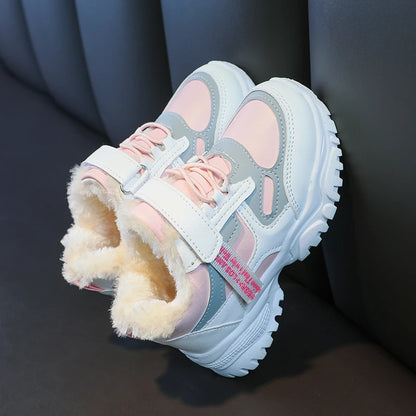 Girls Running Shoes Thick Soft Sole Students Sneakers with Fur 2024 Winter New Children Sports Shoes Non-slip Hook&loop Trendy