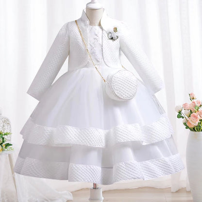 3-piece New Girls' Princess Dress Embroidered Long Sleeve Elegant Girls' Dress Children's Birthday Party Dress+Bag Set