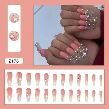 24Pcs Blue Long Coffin False Nails Star Heart with Rhinestones French Design Wearable Fake Nails Glitter Press on Nails Tips Art