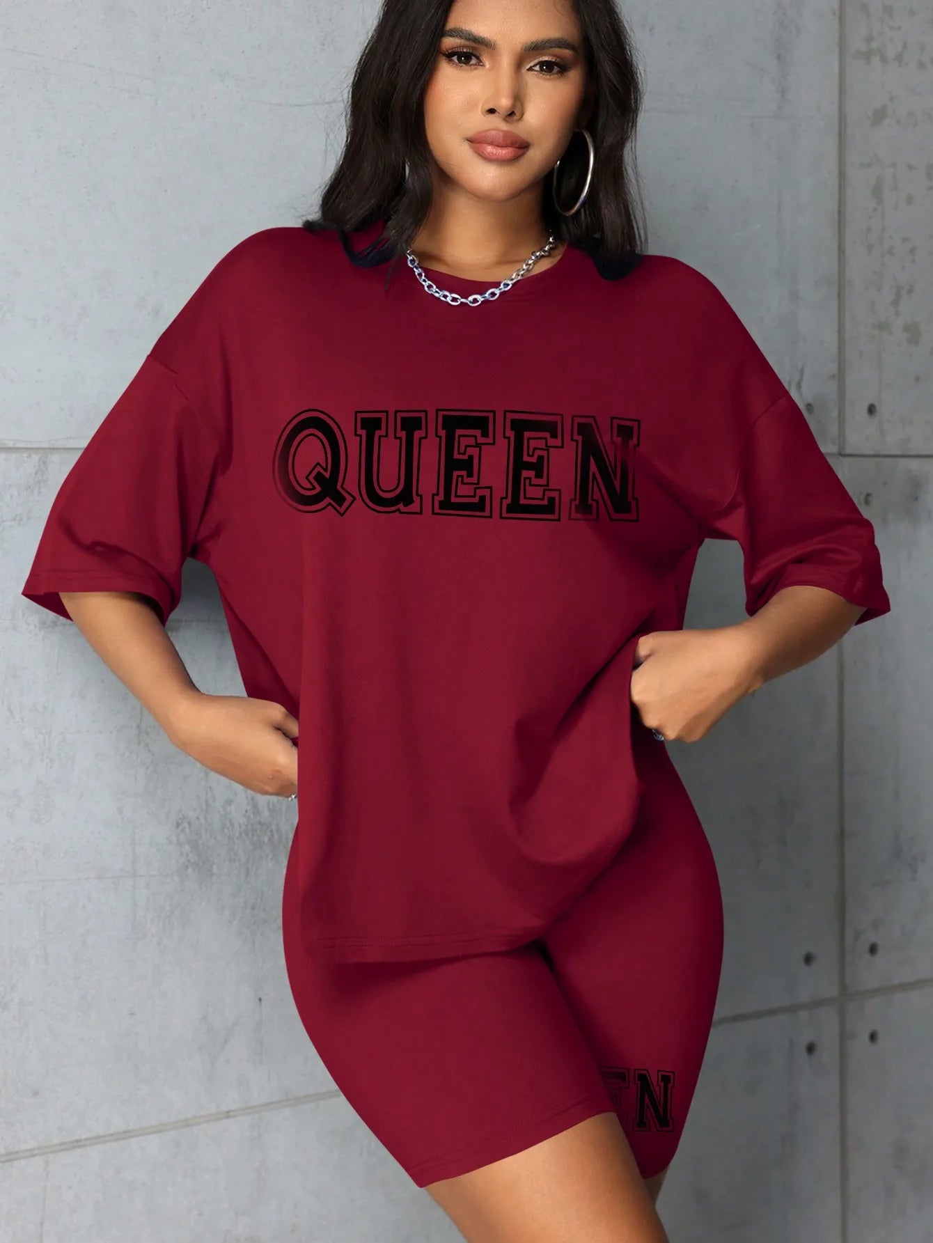 Plus size fashionable all-match shorts short-sleeved suit queen letter print simple and comfortable two-piece suit 2024 New