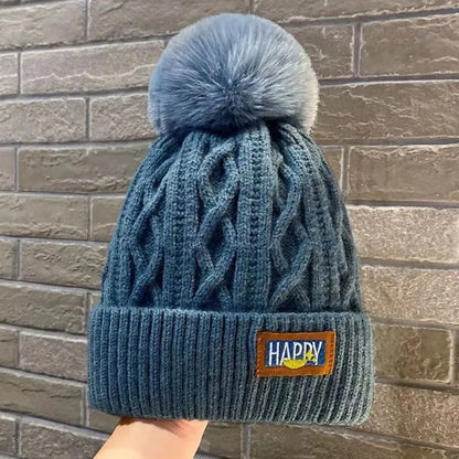 Soft Thick Knitted Beanies Cap With Hairball Winter Warm Lining Velvet Woolen Hat Fashion Twist Weaving Outdoor Causal Women Hat