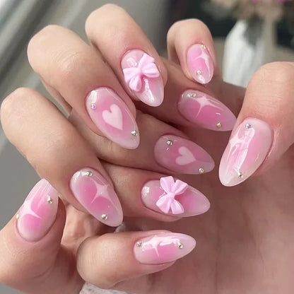 24Pcs Pink Almond French Press on Nails With 3D Bow ripple charms Design Fake Nails Ballerina False Nails Full Cover Nail Tips