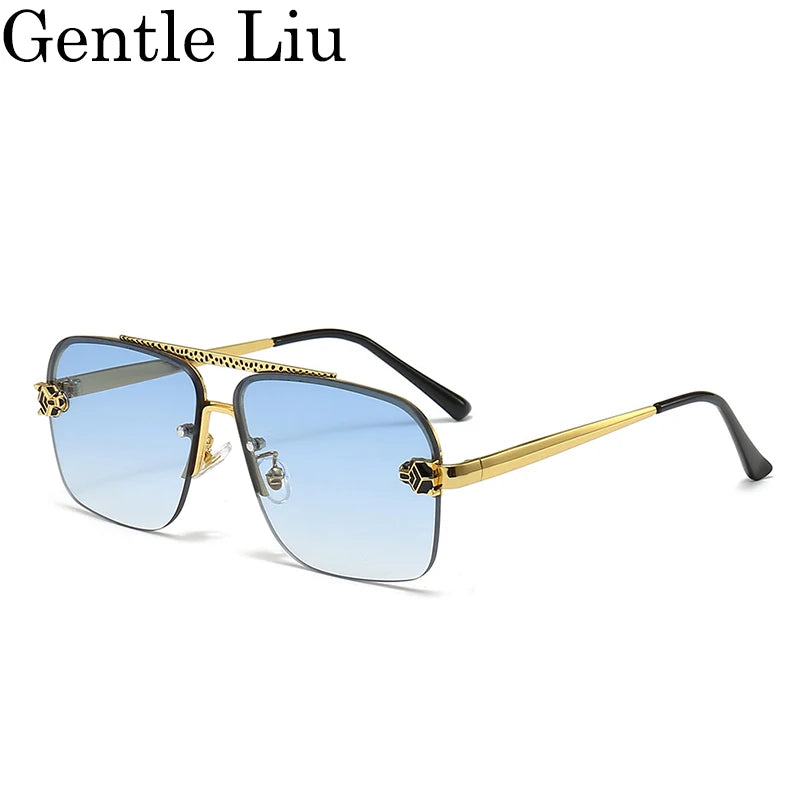 Square Rimless Sunglasses Men 2025 Luxury Brand Oversized Frameless Retro Sun Glasses For Male Leopard Head Shield Eyewear UV400