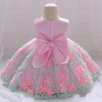 Baby Girl Dress Baptism Princess Dress New Bow Flower Lace Sleeveless Mesh Tutu Birthday Party Dress Baby Girl Wedding Dress