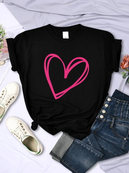 Plus Size Pink Heart Print Women Tee Clothing Personality Casual T-Shirts All-math Short Sleeve Creative O-Neck Womans Tops