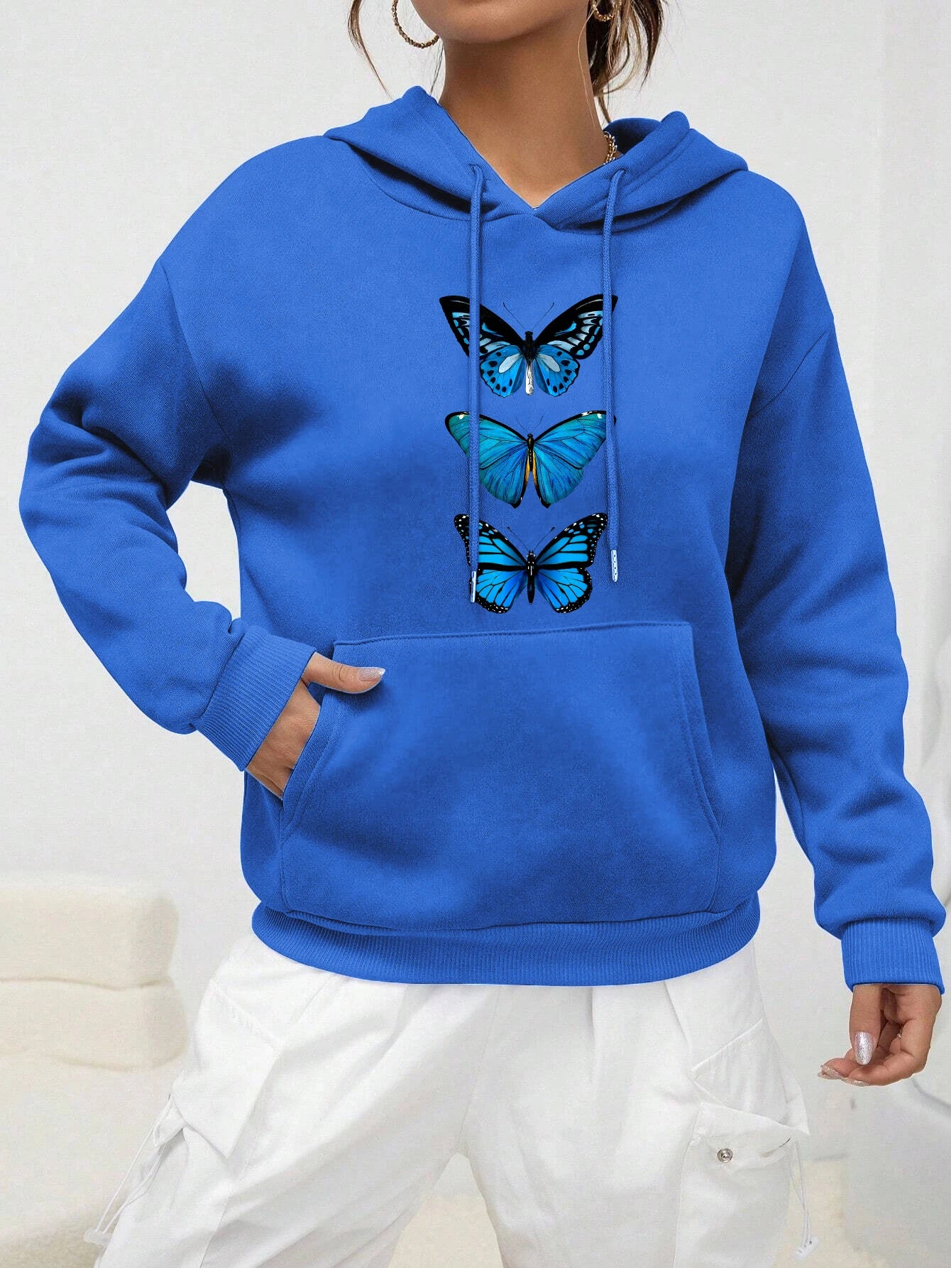 Creative Butterfly Design Print Women Hoodie New Street Casual Sweatshirt Fashion Fleece Hoody Pocket Comfortable Female Tops