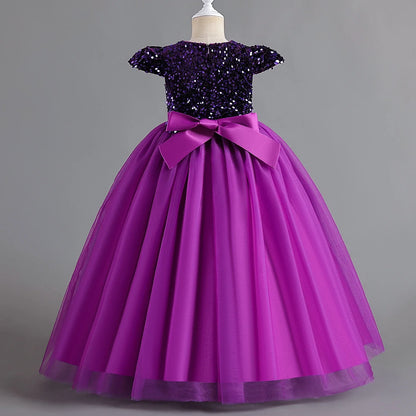 Puffy Girls Party Dress Elegant Kids Wedding Gala Prom Gown Sequin Bow