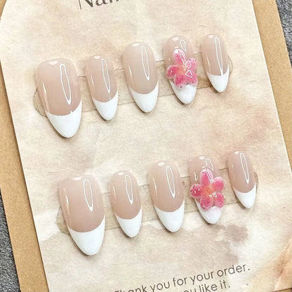 10pcs Handmade Press On Nails 3D Carving Flower Shells False Nails Detachable Summer Almond Pink French Style Fake Nail Tips