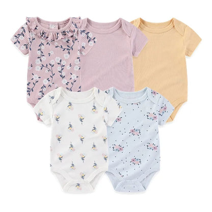 4/5PCS Cotton Bodysuits Print Newborn Baby Girl Clothes Short Sleeve Cartoon Baby Boy Clothes Set Solid Color Summer Bebes