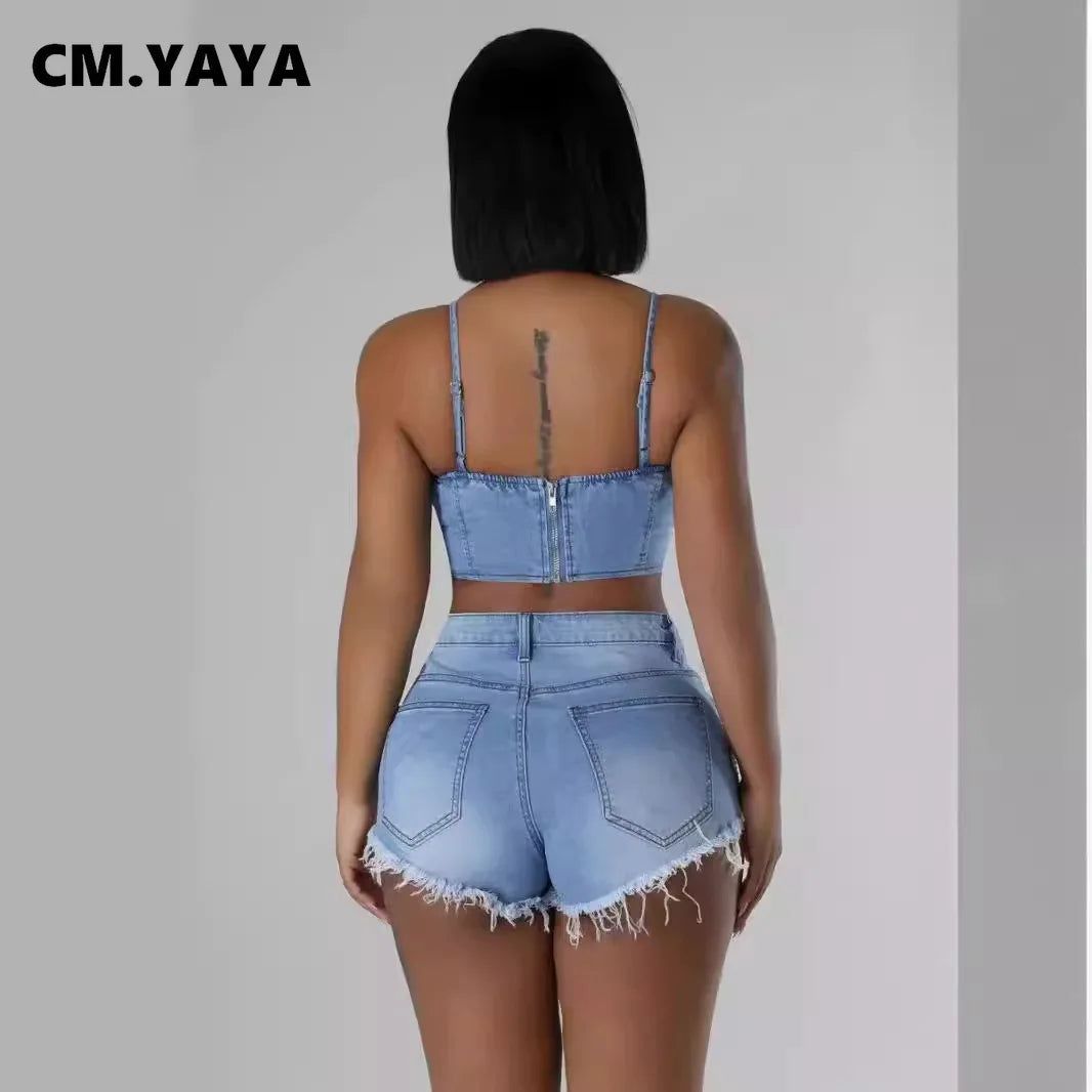 Women Set Denim Strapless Pearl Beading Top + shorts Sets Street Casual Sexy Party Outfit 2025 Summer