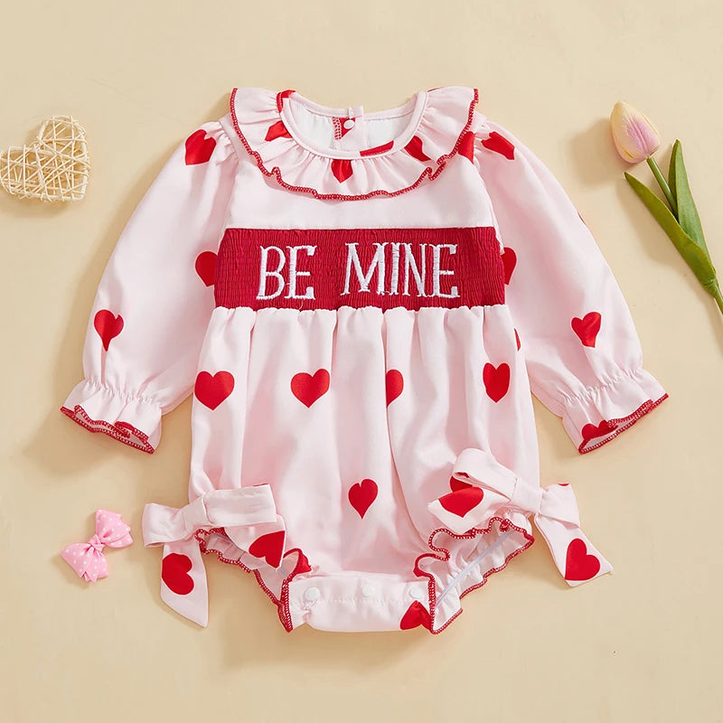 FOCUSNORM 0-24M Lovely Baby Girls Valentine’s Day Romper Long Sleeve Doll Collar Letter Embroidery Heart Print Bow Jumpsuits