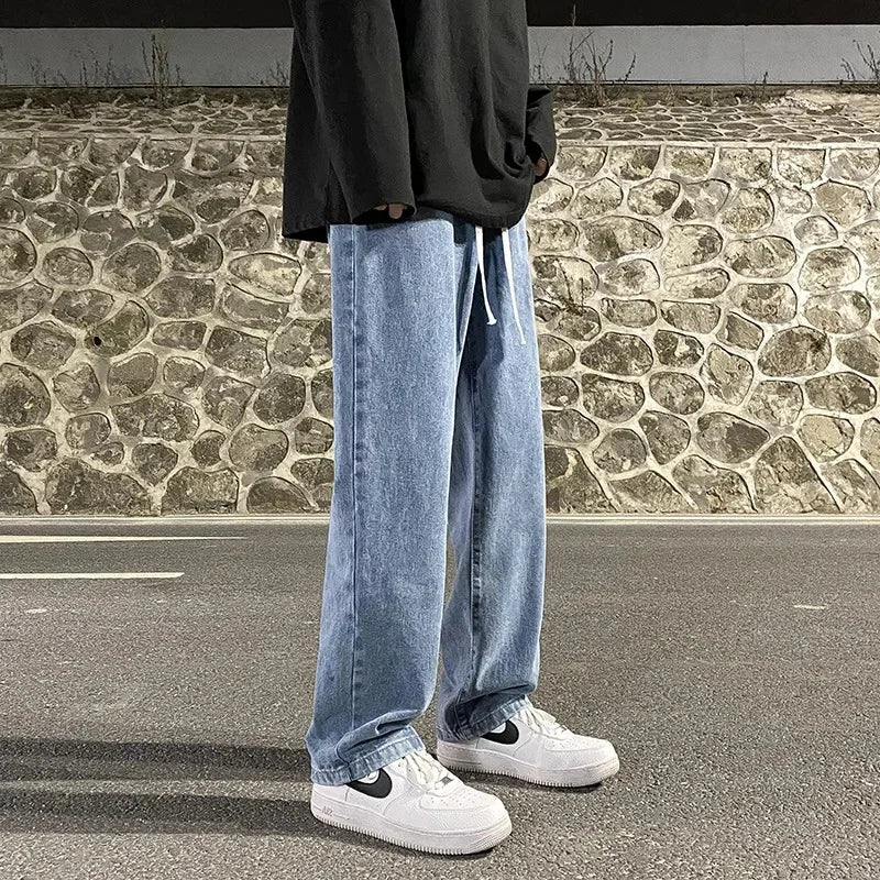 Casual Straight-Leg Jeans Men's Spring New Loose-Fit Elastic Waist American Style Wide-Leg Trousers New Arrival High Street Fash
