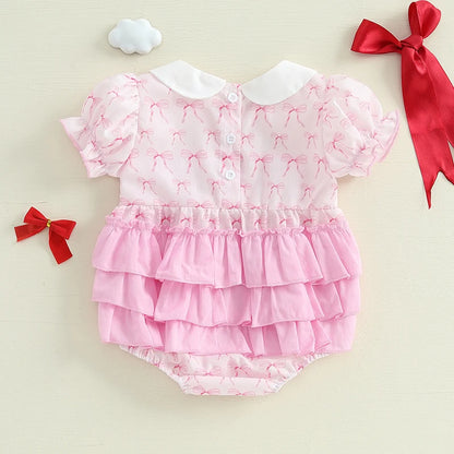 Newborn Baby Girl Romper Outfit Bow Embroidery Short Puff Sleeve Smocked Bubble Romper Doll Collar Bodysuit Jumpsuit Clothes