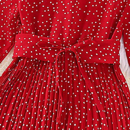 Dress Kids Girls 8-12 Years Red Polka Dot Long-Sleeved Pleated Dress For Girls Elegant Vacation Holiday Party Dress