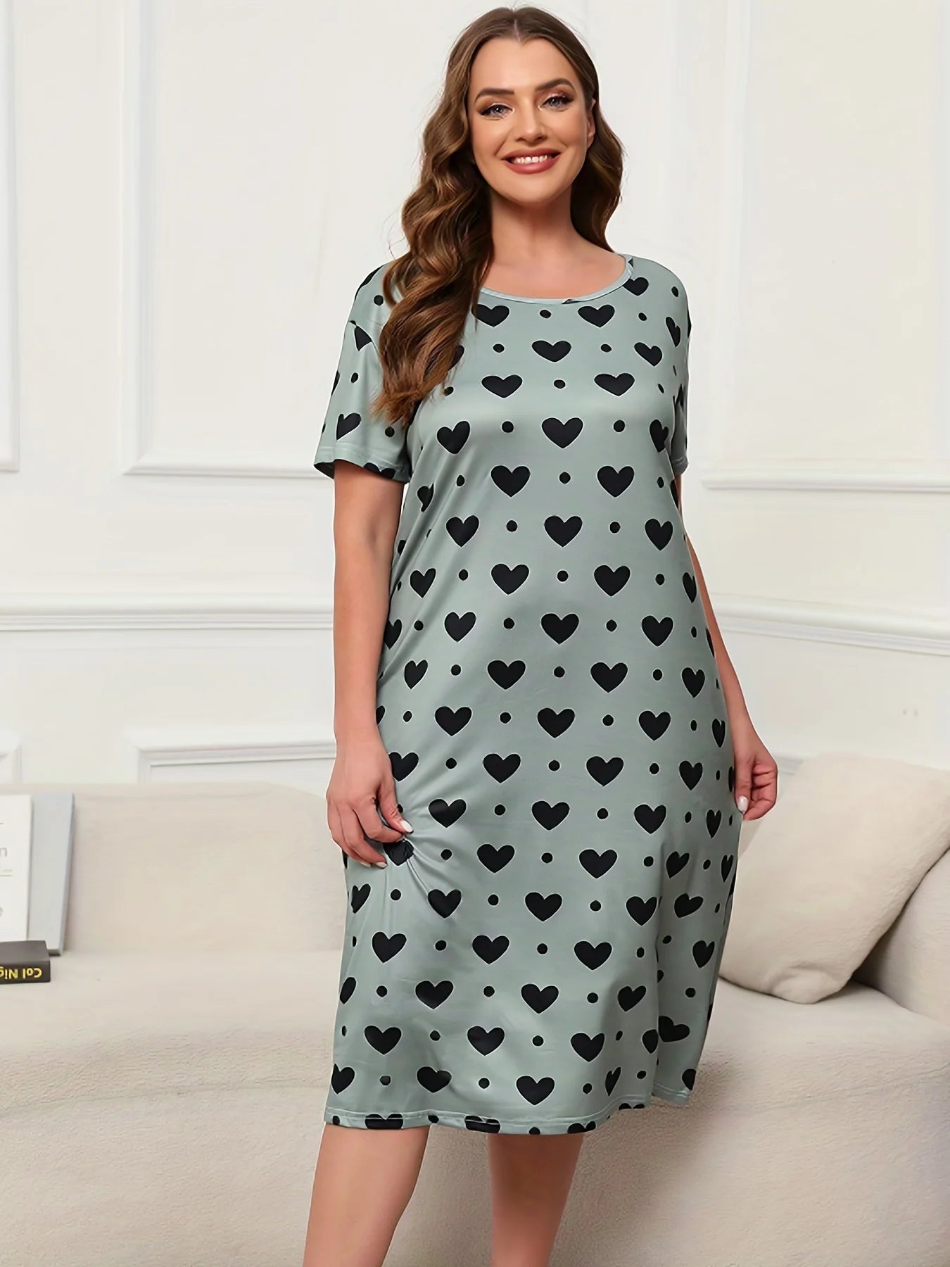 Plus Size Dresses Micro Stretchy Nightgowns Short Sleeve Pullover Round Neck Dresses Oversized Women's Homewear