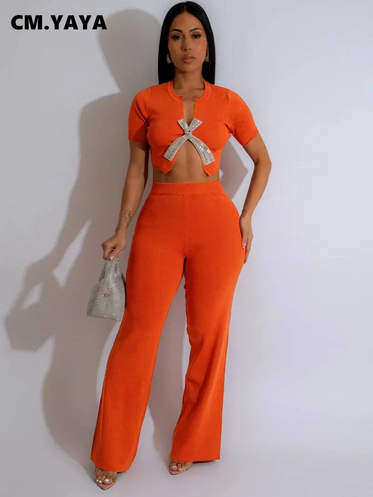 Women's Set Short Sleeve Diamonds Bowknot O-neck Tops +Wide Leg Pants Suits 2025