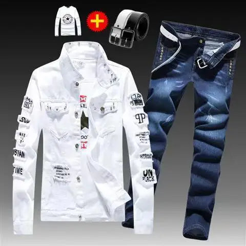 Spring Autumn Mens Denim Jacket + Jeans Pants Set Fashion Single Breasted Coat Trousers Two Piece Denim suit