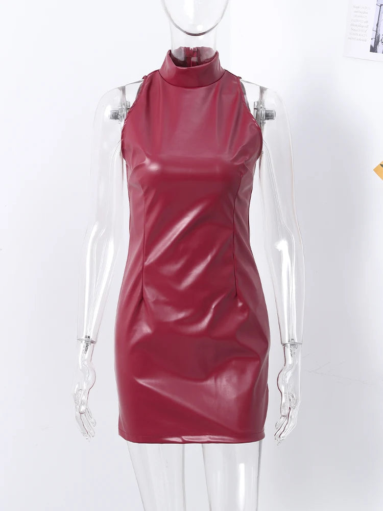 Fashion PU Leather Mini Dress Women Elegant Stand Collar Bodycon Short Party Dress Female Sexy Slim Sleeveless Evening Vestidos